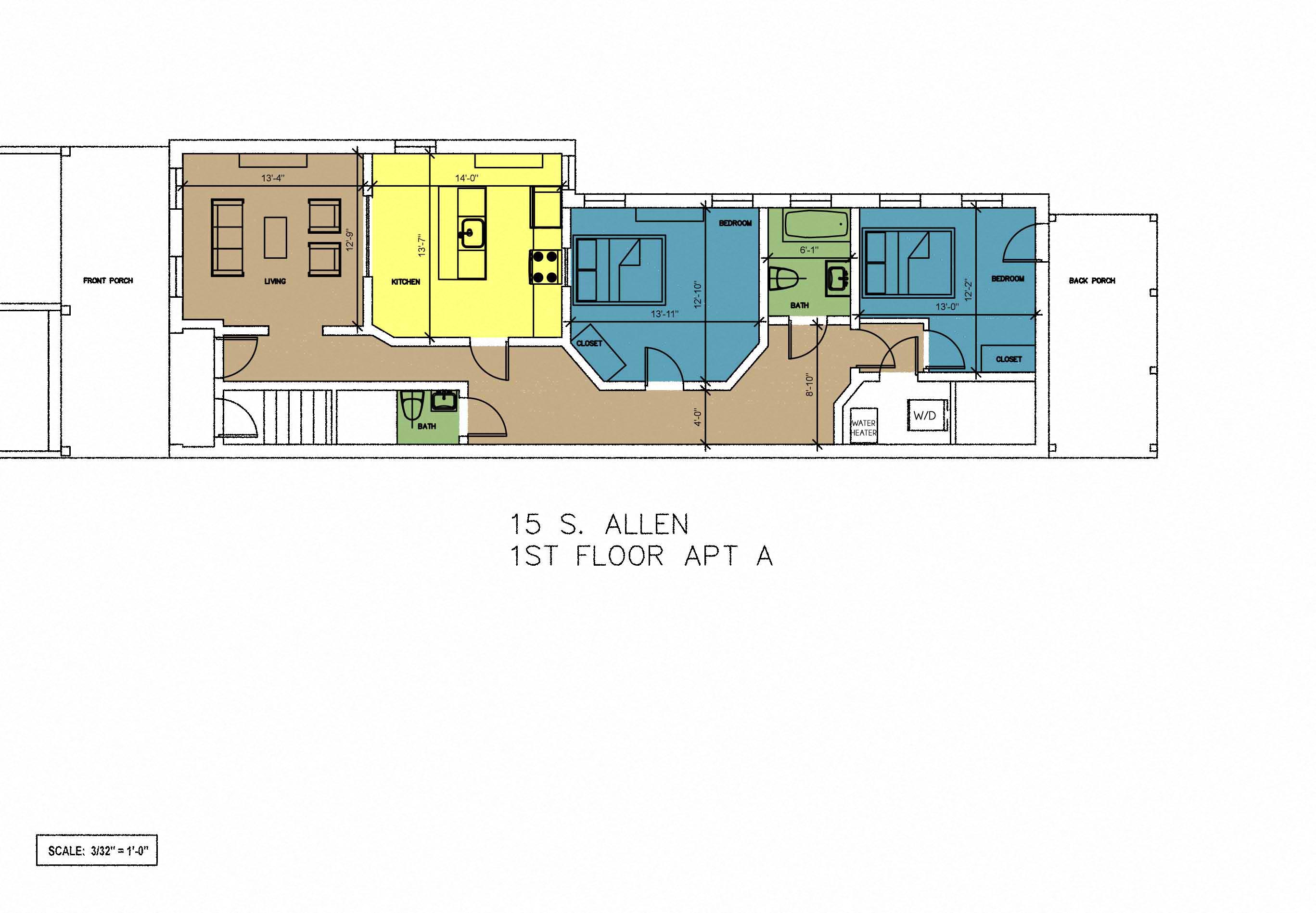 Floor plan for 2 beds, 1.5 baths, 1145 sqft